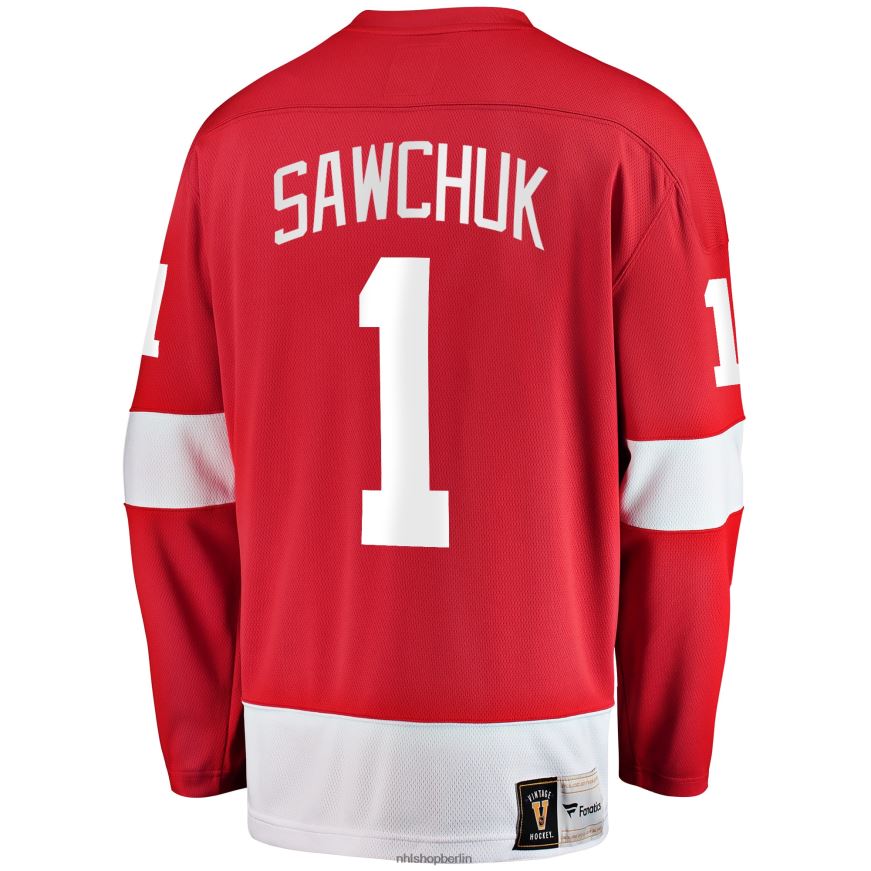 Männer NHL Detroit Red Wings Terry Sawchuk Fanatics gebrandetes rotes Premier Breakaway-Spielertrikot im Ruhestand Kleidung BF680T1290