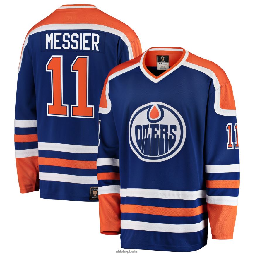 Männer NHL Die Edmonton Oilers kennzeichnen das blaue Premier-Breakaway-Trikot für ausgeschiedene Spieler mit der Marke „Messier Fanatics“ Kleidung BF680T558