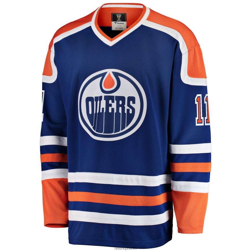 Männer NHL Die Edmonton Oilers kennzeichnen das blaue Premier-Breakaway-Trikot für ausgeschiedene Spieler mit der Marke „Messier Fanatics“ Kleidung BF680T558