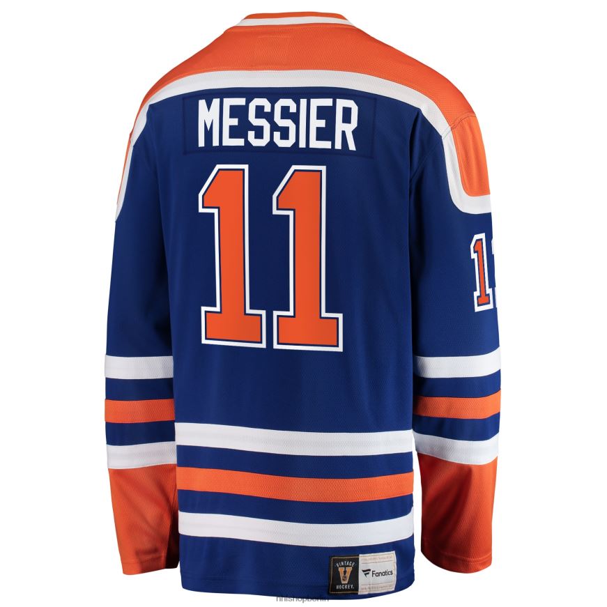 Männer NHL Die Edmonton Oilers kennzeichnen das blaue Premier-Breakaway-Trikot für ausgeschiedene Spieler mit der Marke „Messier Fanatics“ Kleidung BF680T558