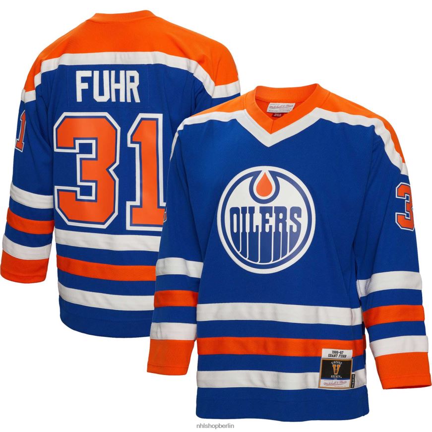 Männer NHL Edmonton Oilers Grant Fuhr Mitchell  Ness Royal 1986 Blue Line Spielertrikot Kleidung BF680T1182