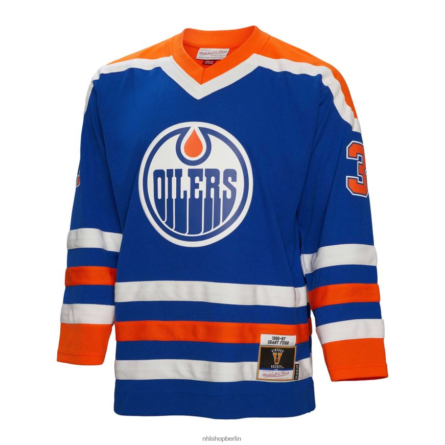 Männer NHL Edmonton Oilers Grant Fuhr Mitchell  Ness Royal 1986 Blue Line Spielertrikot Kleidung BF680T1182