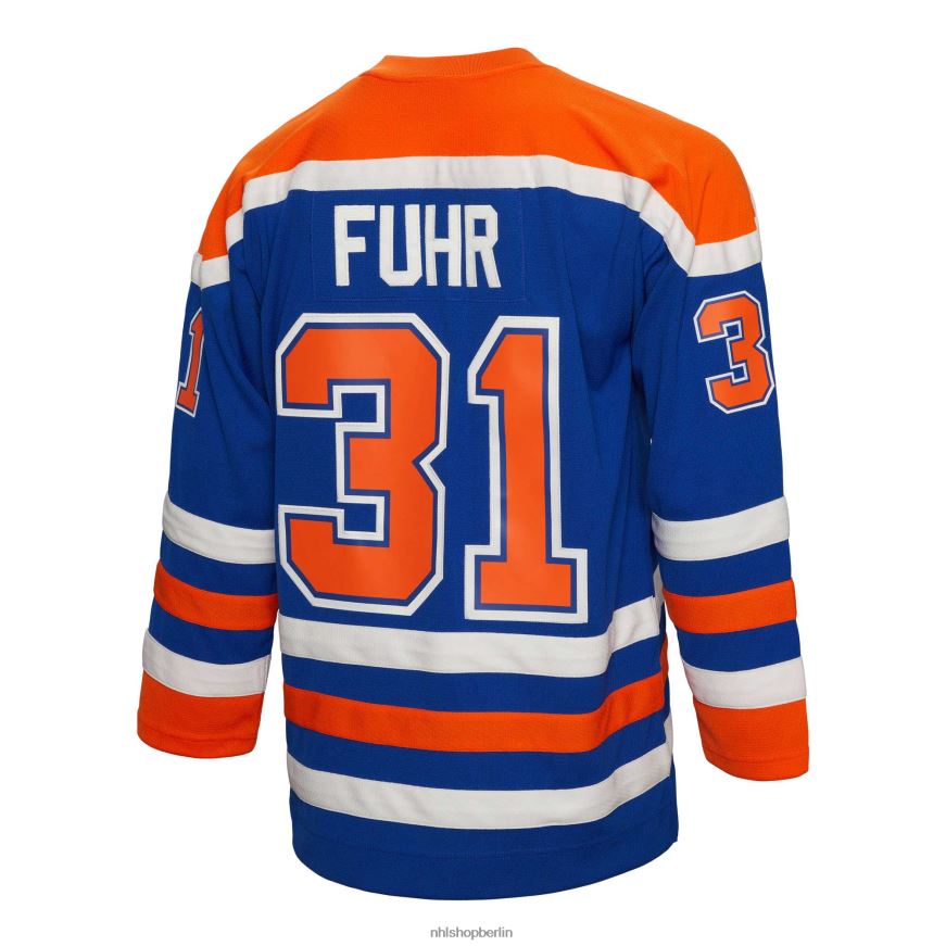 Männer NHL Edmonton Oilers Grant Fuhr Mitchell  Ness Royal 1986 Blue Line Spielertrikot Kleidung BF680T1182