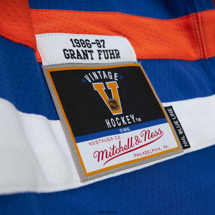 Männer NHL Edmonton Oilers Grant Fuhr Mitchell  Ness Royal 1986 Blue Line Spielertrikot Kleidung BF680T1182