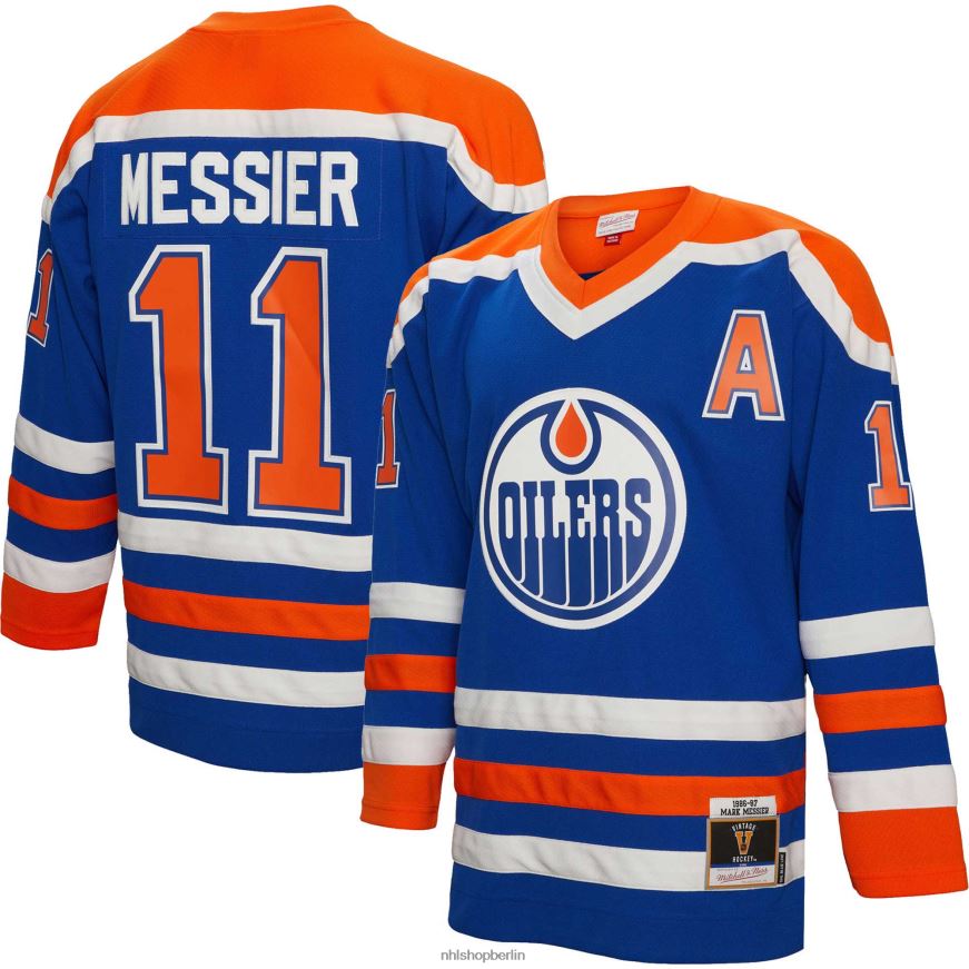 Männer NHL Edmonton Oilers Mark Messier Mitchell  Ness Royal 1986 Blue Line Spielertrikot Kleidung BF680T579