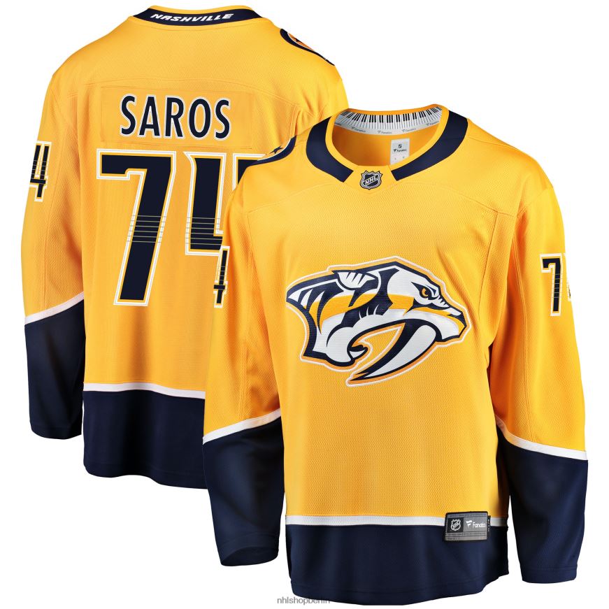 Männer NHL Goldenes Breakaway-Spielertrikot der Nashville Predators Juuse Saros mit Fanatics-Logo Kleidung BF680T466