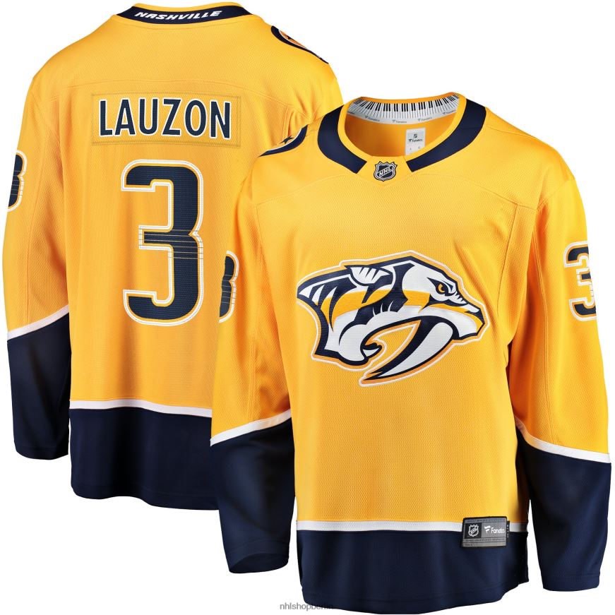 Männer NHL Goldenes Home-Breakaway-Spielertrikot der Nashville Predators mit Fanatics-Logo von Jeremy Lauzon Kleidung BF680T2407