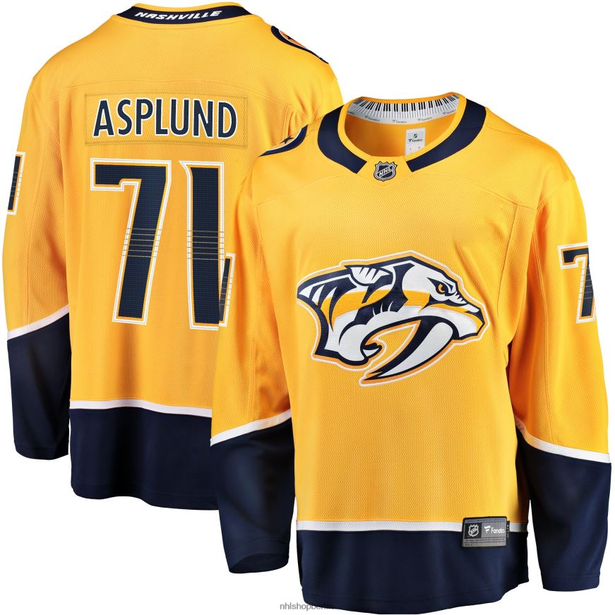 Männer NHL Goldenes Home-Breakaway-Trikot der Nashville Predators mit Fanatics-Logo von Rasmus Asplund Kleidung BF680T1915