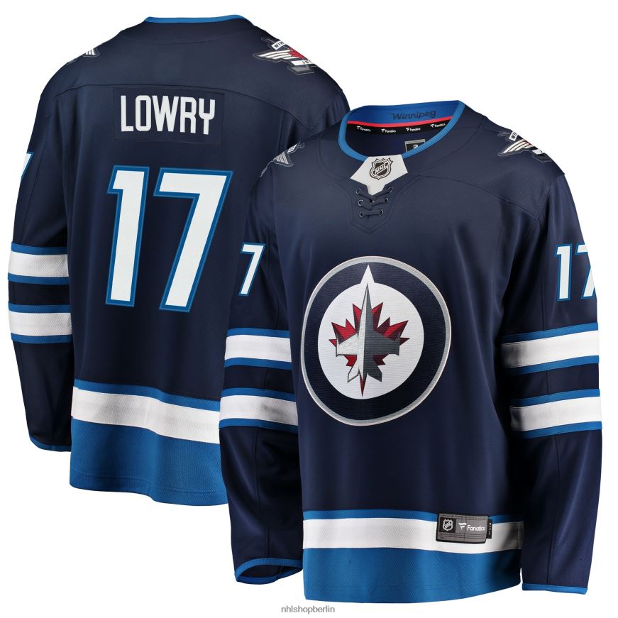 Männer NHL Marineblaues Breakaway-Replika-Trikot der Winnipeg Jets mit Fanatics-Logo von Adam Lowry Kleidung BF680T1541