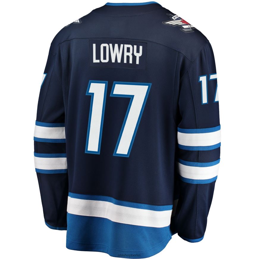 Männer NHL Marineblaues Breakaway-Replika-Trikot der Winnipeg Jets mit Fanatics-Logo von Adam Lowry Kleidung BF680T1541