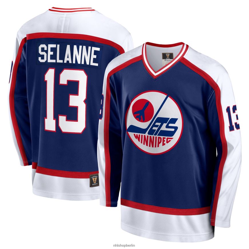 Männer NHL Marineblaues Breakaway-Spielertrikot der Winnipeg Jets Teemu Selanne mit Fanatics-Logo Kleidung BF680T447