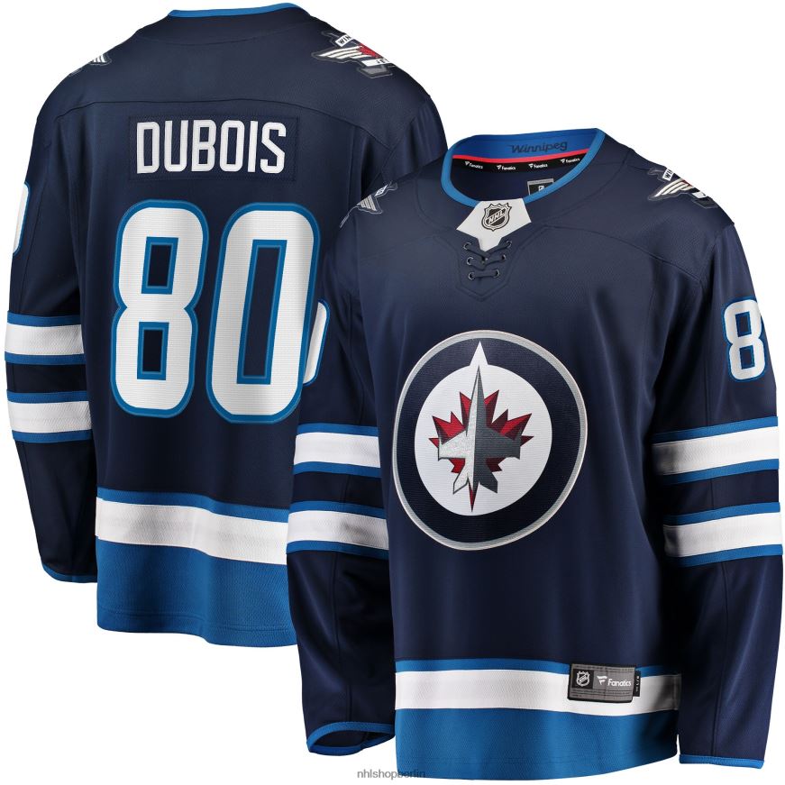 Männer NHL Marineblaues Breakaway-Spielertrikot der Winnipeg Jets mit Pierre-Luc-Dubois-Fanatiker-Logo Kleidung BF680T1478