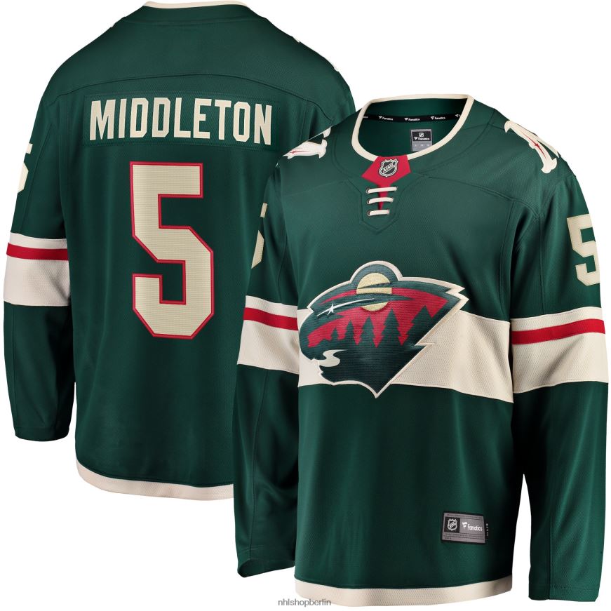 Männer NHL Minnesota Wild Jake Middleton Fanatics-gebrandetes grünes Home-Breakaway-Spielertrikot Kleidung BF680T902