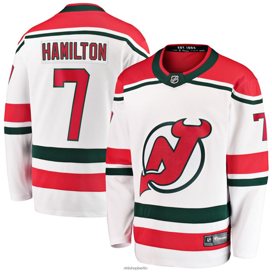 Männer NHL New Jersey Devils Dougie Hamilton Fanatics gebrandetes weißes 2022/23 Heritage Premier Breakaway-Trikot Kleidung BF680T651