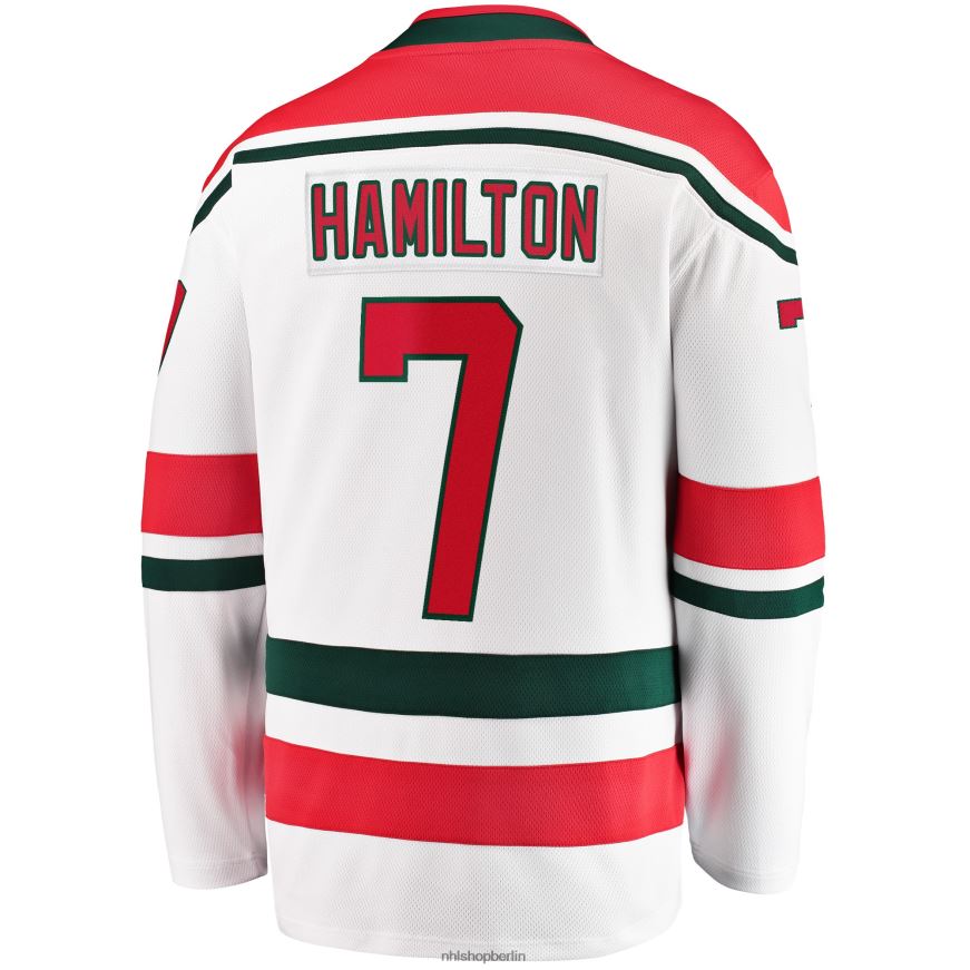 Männer NHL New Jersey Devils Dougie Hamilton Fanatics gebrandetes weißes 2022/23 Heritage Premier Breakaway-Trikot Kleidung BF680T651