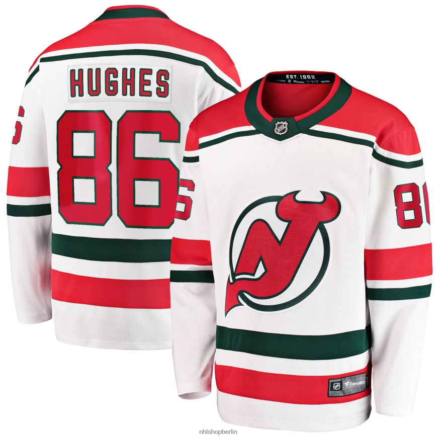 Männer NHL New Jersey Devils Jack Hughes Fanatics Branded White 2022/23 Heritage Premier Breakaway-Trikot Kleidung BF680T63