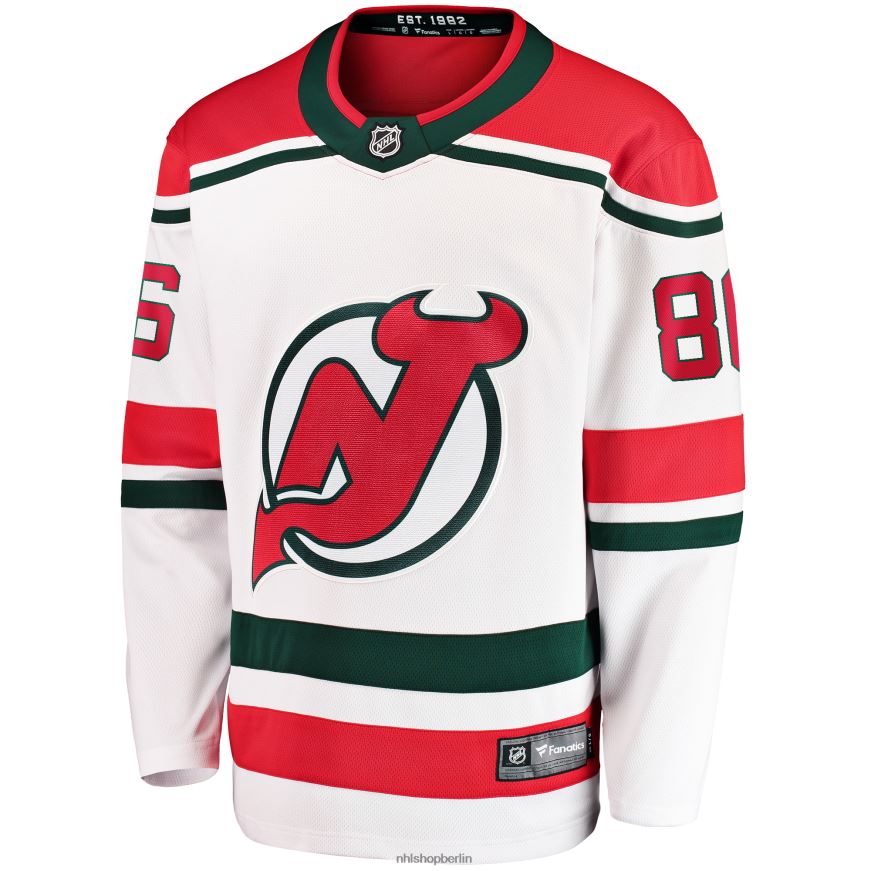 Männer NHL New Jersey Devils Jack Hughes Fanatics Branded White 2022/23 Heritage Premier Breakaway-Trikot Kleidung BF680T63