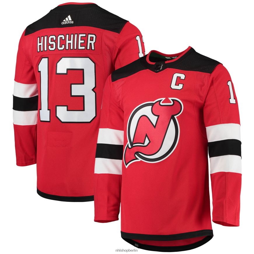 Männer NHL New Jersey Devils Nico Hischier Adidas Red Home Captain Patch Primegreen Authentisches Profispieler-Trikot Kleidung BF680T65