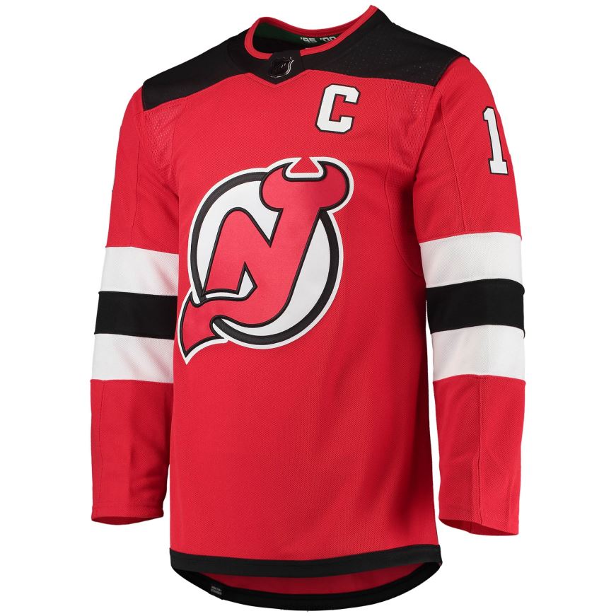 Männer NHL New Jersey Devils Nico Hischier Adidas Red Home Captain Patch Primegreen Authentisches Profispieler-Trikot Kleidung BF680T65