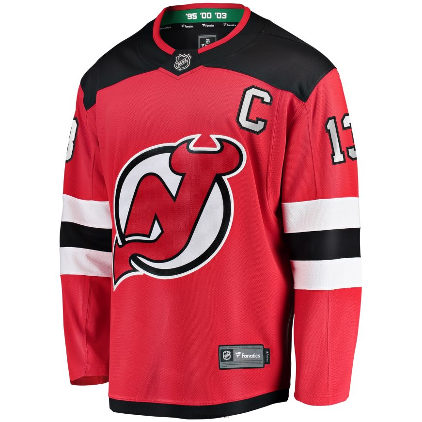 Männer NHL New Jersey Devils Nico Hischier Fanatics-Heimtrikot mit rotem Captain-Patch und Breakaway-Logo Kleidung BF680T1137