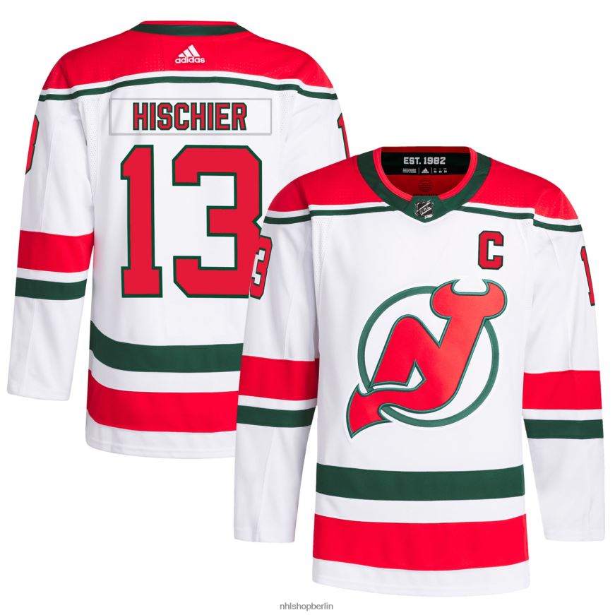 Männer NHL New Jersey Devils Nico Hischier adidas weißes 2022/23 Heritage Primegreen authentisches Pro-Trikot Kleidung BF680T259