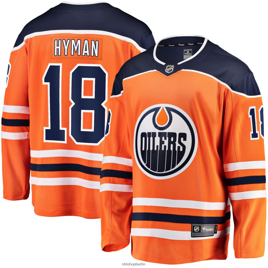 Männer NHL Orangefarbenes Breakaway-Spielertrikot der Edmonton Oilers mit Zach Hyman Fanatics-Logo Kleidung BF680T1359