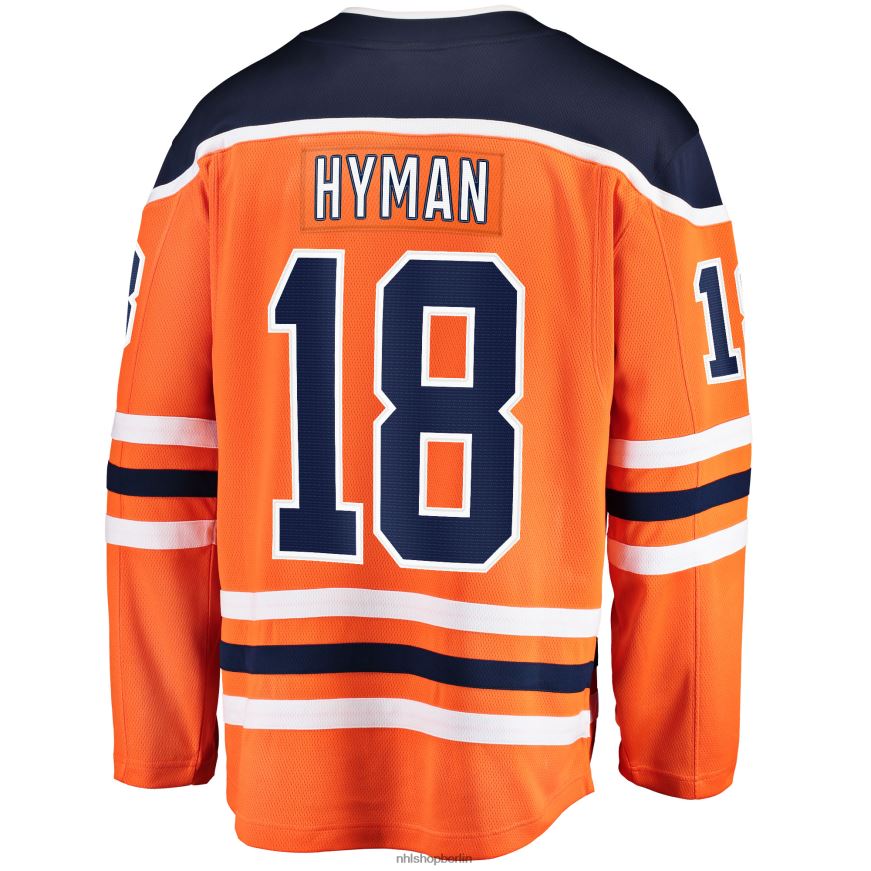 Männer NHL Orangefarbenes Breakaway-Spielertrikot der Edmonton Oilers mit Zach Hyman Fanatics-Logo Kleidung BF680T1359