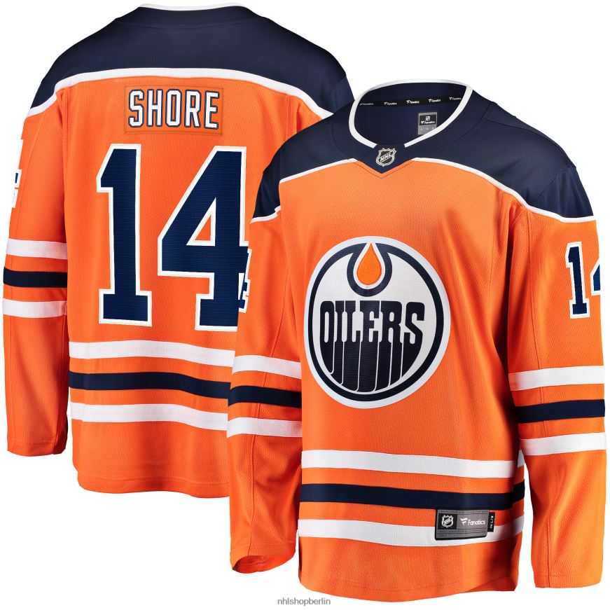 Männer NHL Orangefarbenes Heim-Ausreißertrikot der Edmonton Oilers mit Devin Shore Fanatics-Logo Kleidung BF680T2030