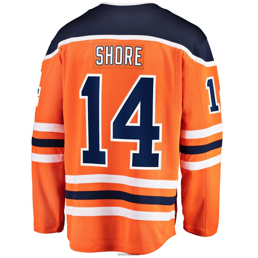 Männer NHL Orangefarbenes Heim-Ausreißertrikot der Edmonton Oilers mit Devin Shore Fanatics-Logo Kleidung BF680T2030