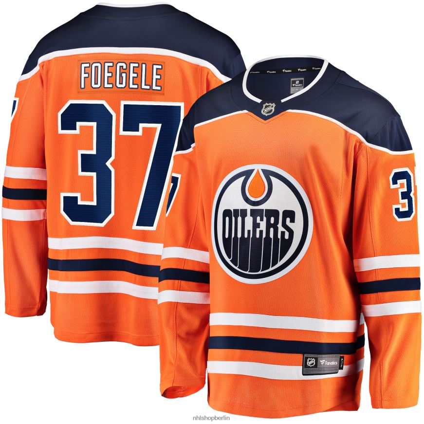 Männer NHL Orangefarbenes Home-Breakaway-Spielertrikot der Edmonton Oilers Warren Foegele mit Fanatics-Logo Kleidung BF680T2031