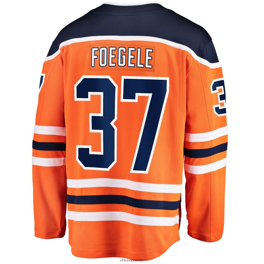 Männer NHL Orangefarbenes Home-Breakaway-Spielertrikot der Edmonton Oilers Warren Foegele mit Fanatics-Logo Kleidung BF680T2031