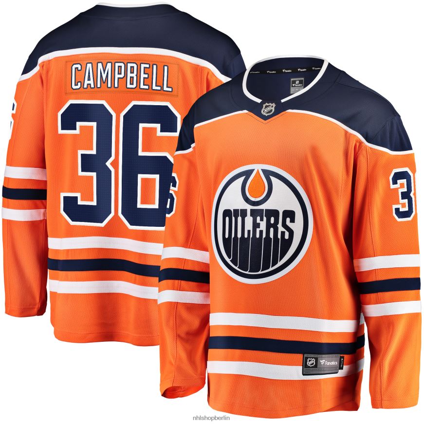 Männer NHL Orangefarbenes Home-Breakaway-Spielertrikot der Edmonton Oilers mit Jack Campbell Fanatics-Logo Kleidung BF680T1901