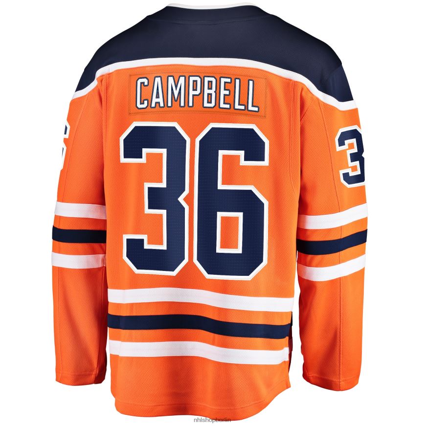 Männer NHL Orangefarbenes Home-Breakaway-Spielertrikot der Edmonton Oilers mit Jack Campbell Fanatics-Logo Kleidung BF680T1901