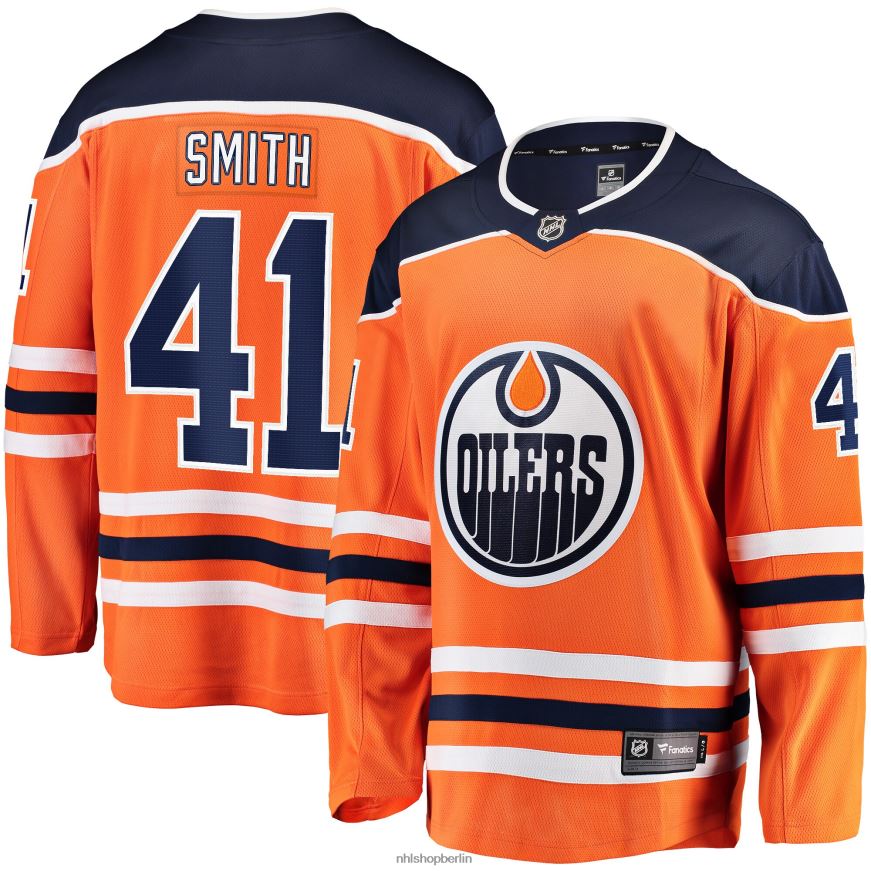 Männer NHL Orangefarbenes Spielertrikot der Edmonton Oilers mit Mike Smith Fanatics-Logo und Breakaway-Teamfarbe Kleidung BF680T1583