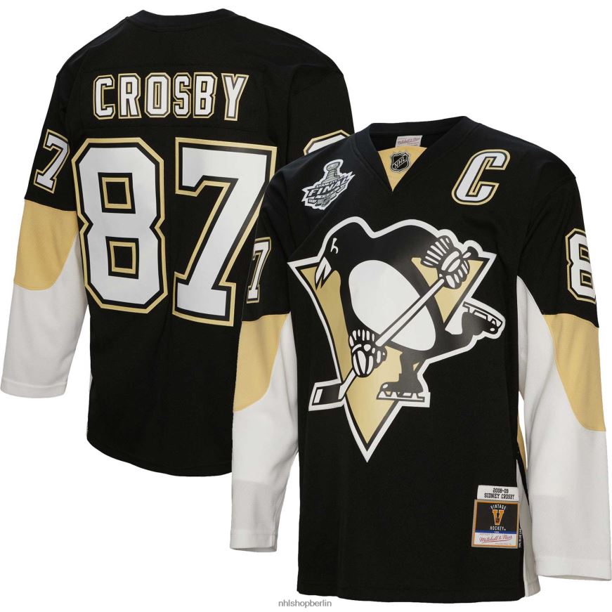 Männer NHL Pittsburgh Penguins Sidney Crosby Mitchell  Ness schwarzes Spielertrikot 2008 mit blauer Linie Kleidung BF680T138