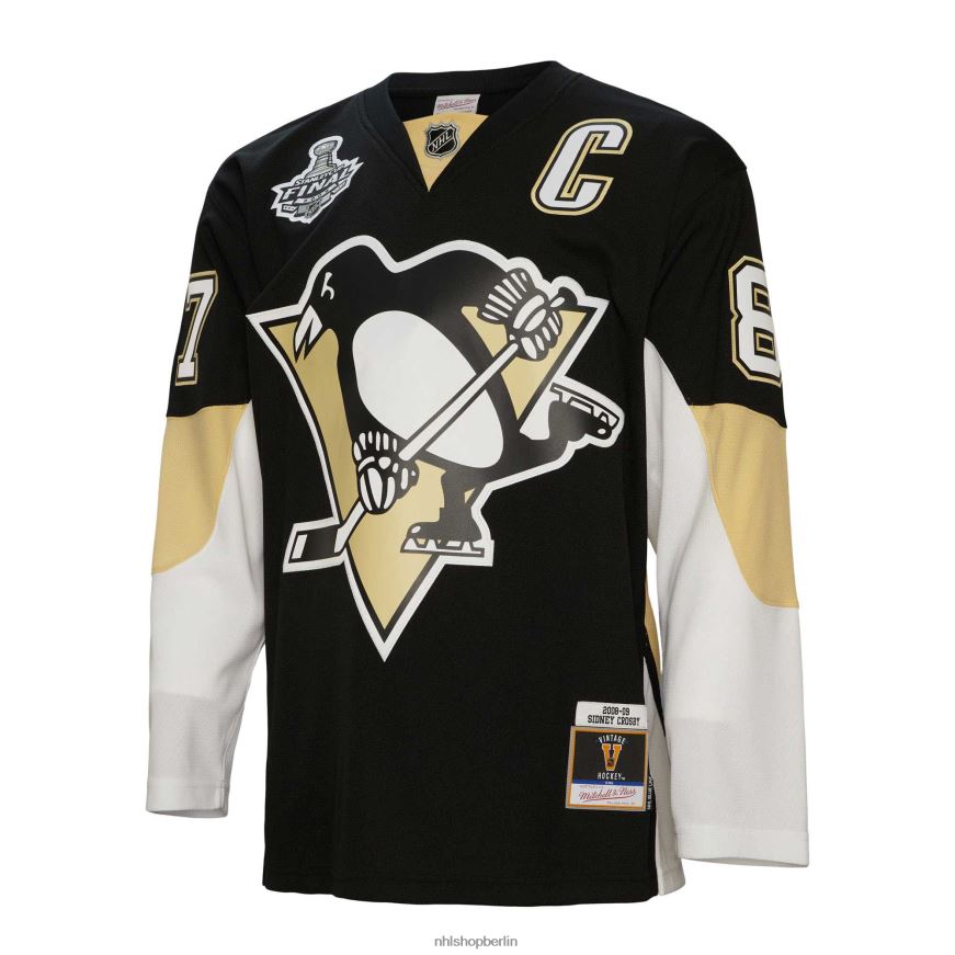 Männer NHL Pittsburgh Penguins Sidney Crosby Mitchell  Ness schwarzes Spielertrikot 2008 mit blauer Linie Kleidung BF680T138