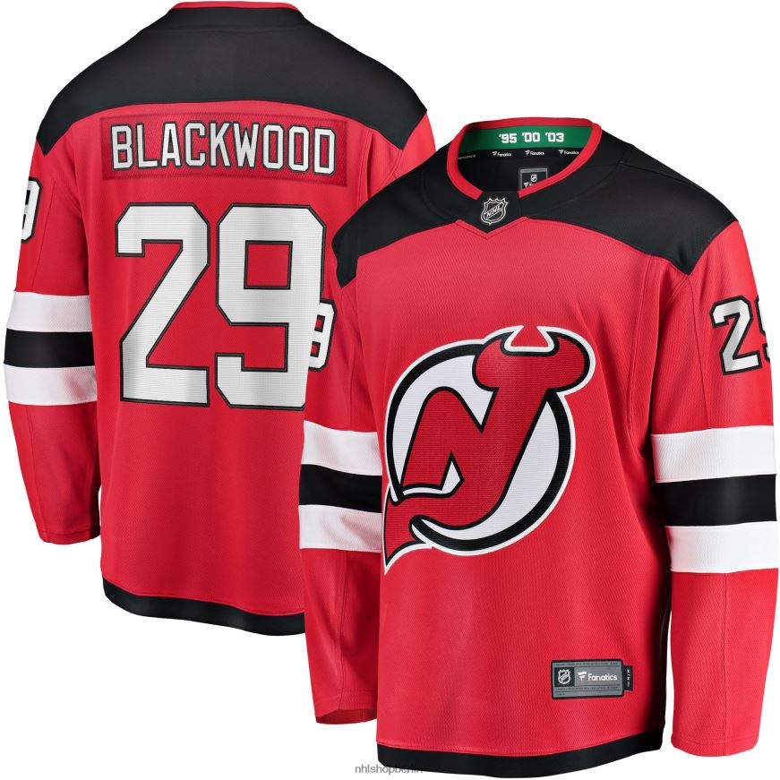 Männer NHL Rotes Breakaway-Heimtrikot der New Jersey Devils Mackenzie Blackwood mit Fanatics-Logo Kleidung BF680T1737