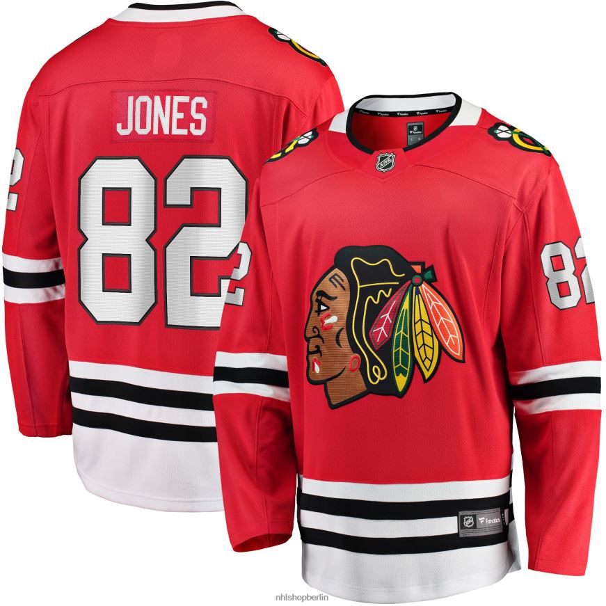 Männer NHL Rotes Breakaway-Spielertrikot der Chicago Blackhawks mit Fanatics-Logo von Caleb Jones Kleidung BF680T2209