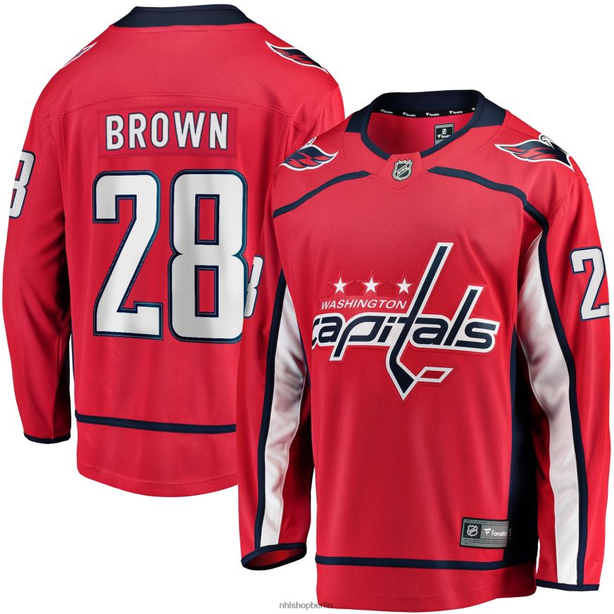 Männer NHL Rotes Heim-Ausreißertrikot der Washington Capitals mit Fanatics-Logo von Connor Brown Kleidung BF680T2408