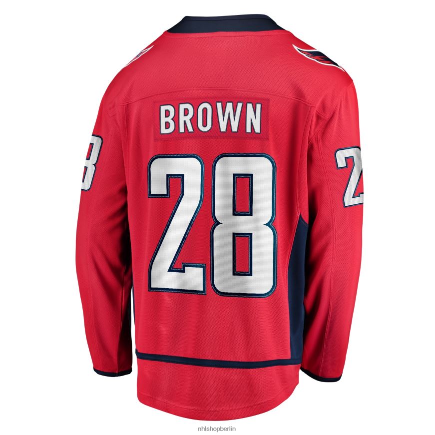 Männer NHL Rotes Heim-Ausreißertrikot der Washington Capitals mit Fanatics-Logo von Connor Brown Kleidung BF680T2408