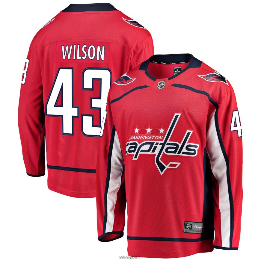 Männer NHL Rotes Heim-Ausreißertrikot der Washington Capitals mit Fanatics-Logo von Tom Wilson Kleidung BF680T1740