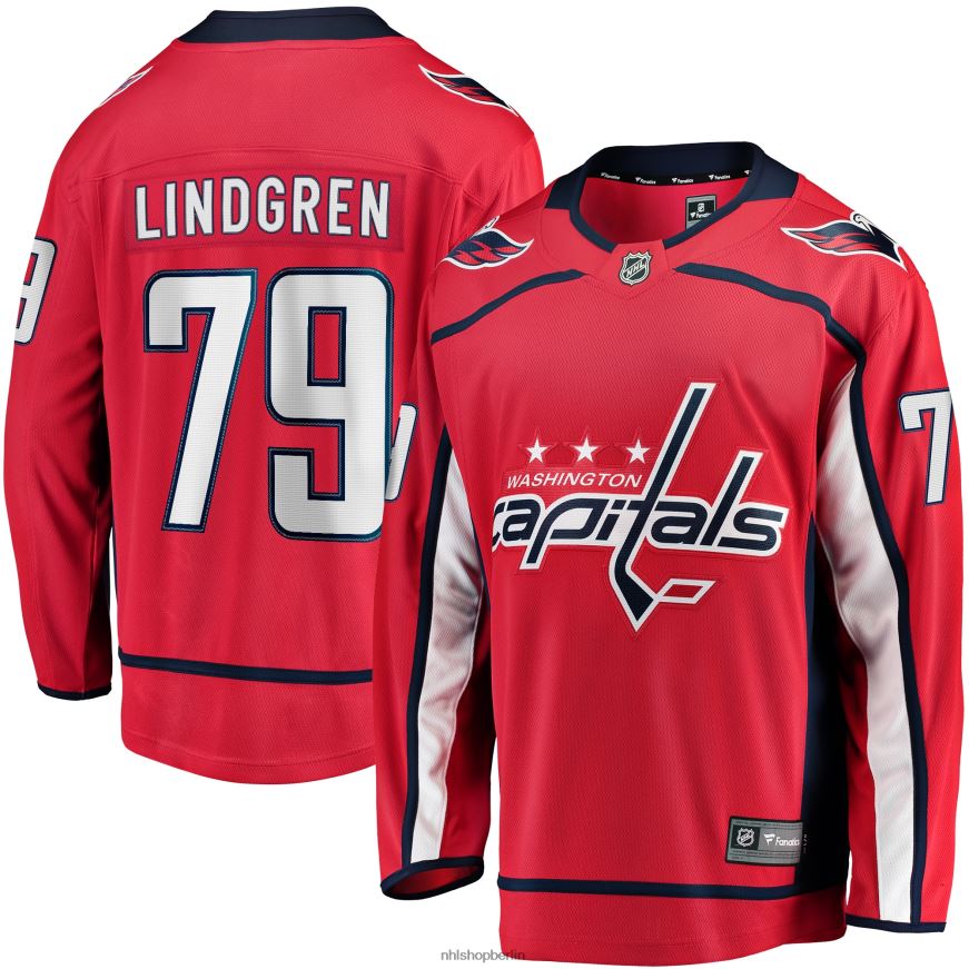 Männer NHL Rotes Heim-Ausreißertrikot der Washington Capitals mit Fanatiker-Logo von Charlie Lindgren Kleidung BF680T1558