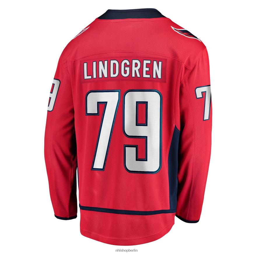 Männer NHL Rotes Heim-Ausreißertrikot der Washington Capitals mit Fanatiker-Logo von Charlie Lindgren Kleidung BF680T1558