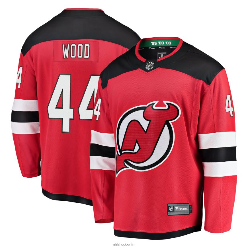 Männer NHL Rotes Home-Breakaway-Spielertrikot der New Jersey Devils Miles Wood mit Fanatics-Logo Kleidung BF680T1037