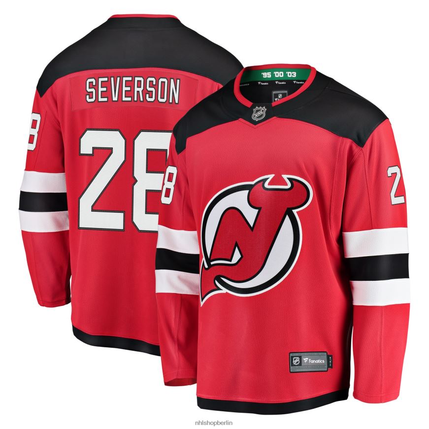 Männer NHL Rotes Home-Breakaway-Spielertrikot der New Jersey Devils mit Damon Severson Fanatics-Logo Kleidung BF680T1575