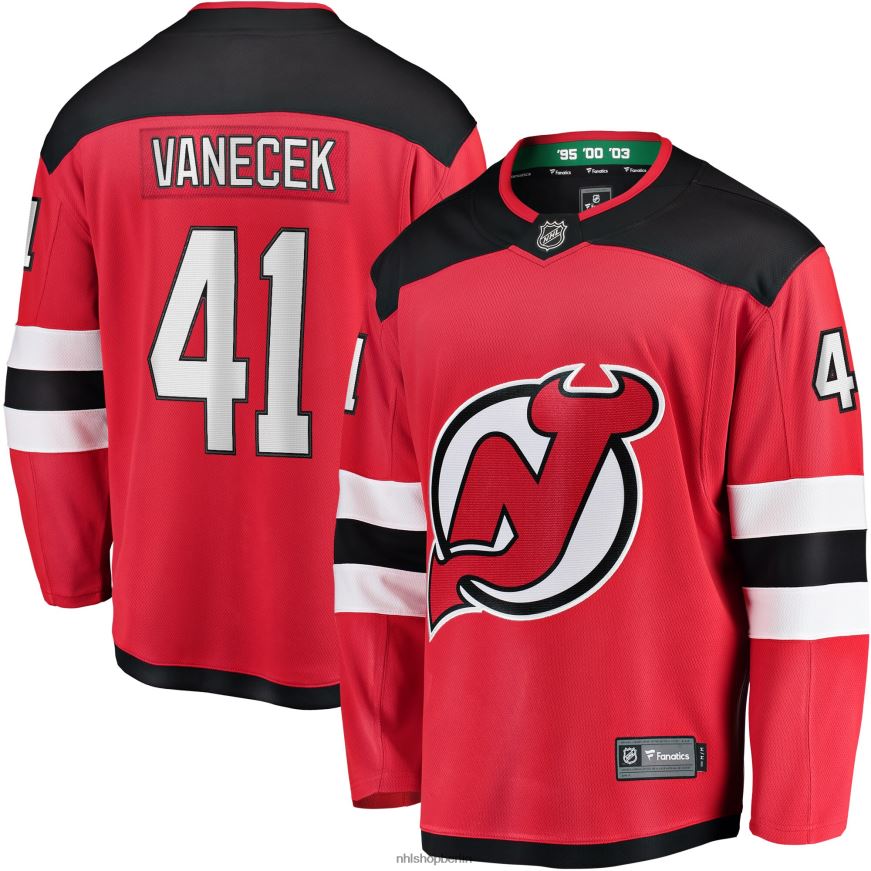 Männer NHL Rotes Home-Breakaway-Spielertrikot der New Jersey Devils mit Vitek Vanecek-Fanatiker-Logo Kleidung BF680T229