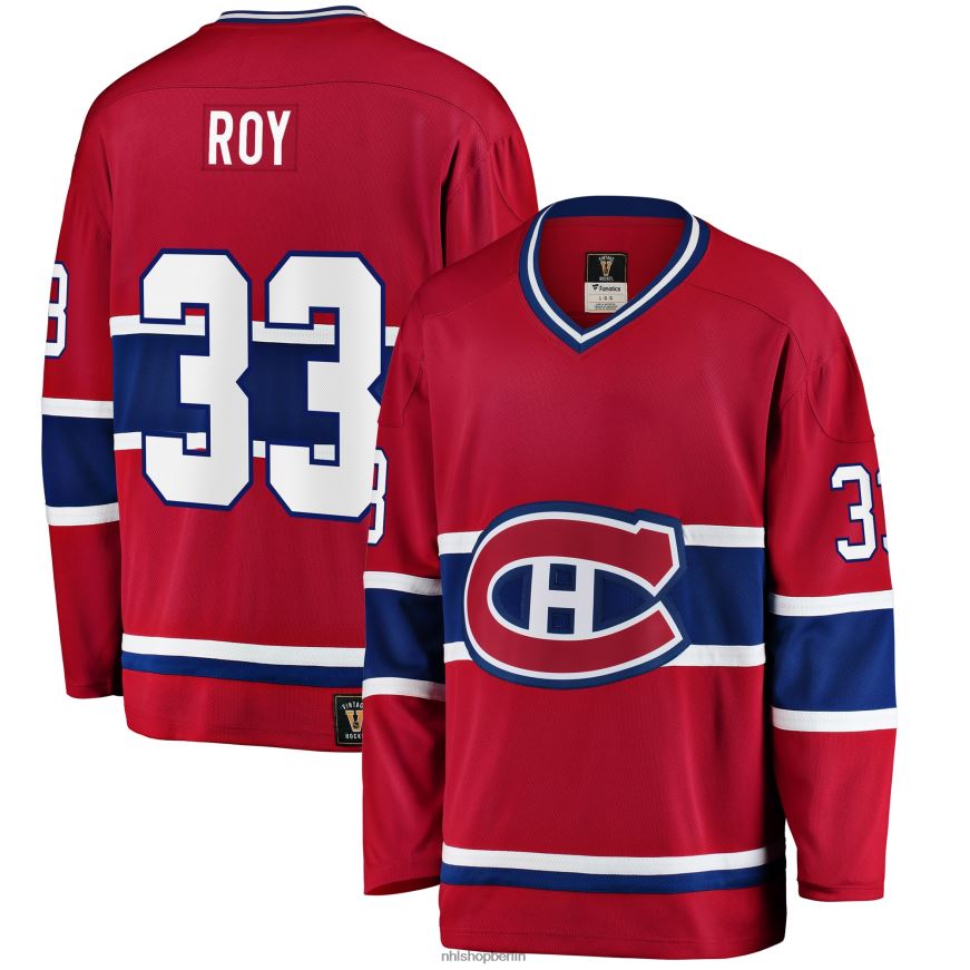 Männer NHL Rotes Premier Breakaway-Spielertrikot der Montreal Canadiens mit Fanatiker-Logo von Patrick Roy Kleidung BF680T693