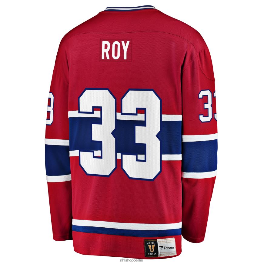 Männer NHL Rotes Premier Breakaway-Spielertrikot der Montreal Canadiens mit Fanatiker-Logo von Patrick Roy Kleidung BF680T693