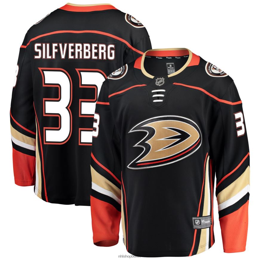 Männer NHL Schwarzes Breakaway-Spielertrikot der Anaheim Ducks mit Fanatics-Logo von Jakob Silfverberg Kleidung BF680T1487