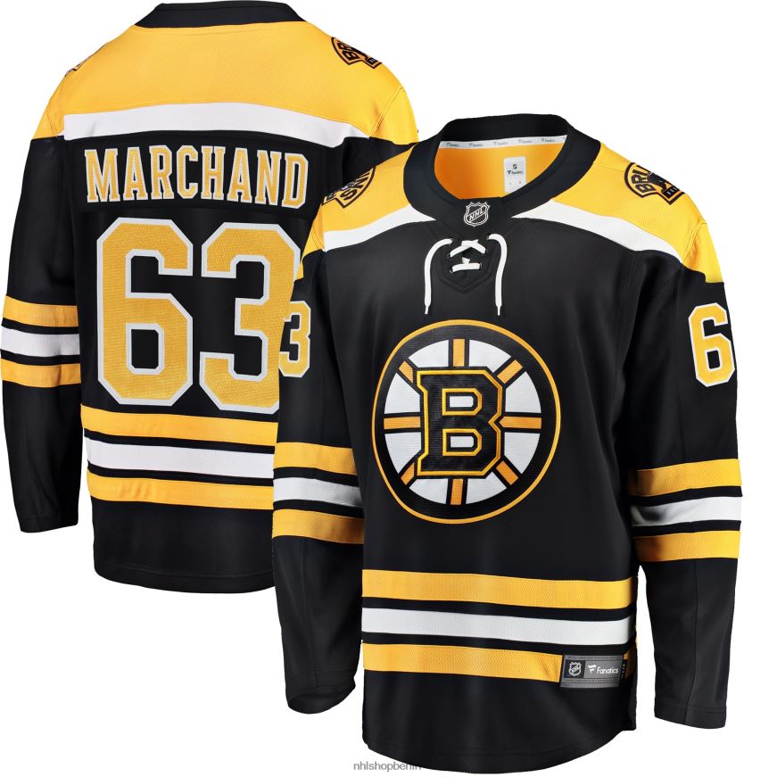 Männer NHL Schwarzes Breakaway-Spielertrikot der Boston Bruins mit Brad Marchand Fanatics-Logo Kleidung BF680T1